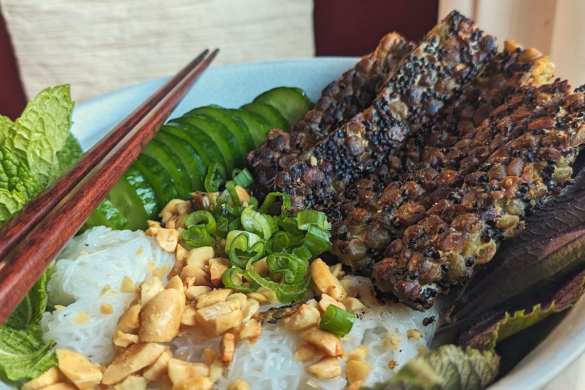 Pan-fried slabs of tempeh over rice vermicelli with mint, cucumber, green onion and crushed peanuts